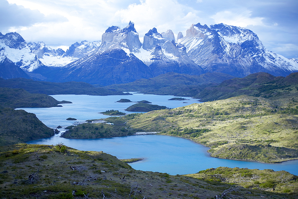 Cuernos del Paine (Horns of Paine) and the blue waters of Lake Pehoe, Torres del Paine National Park, Patagonia, Chile, South America