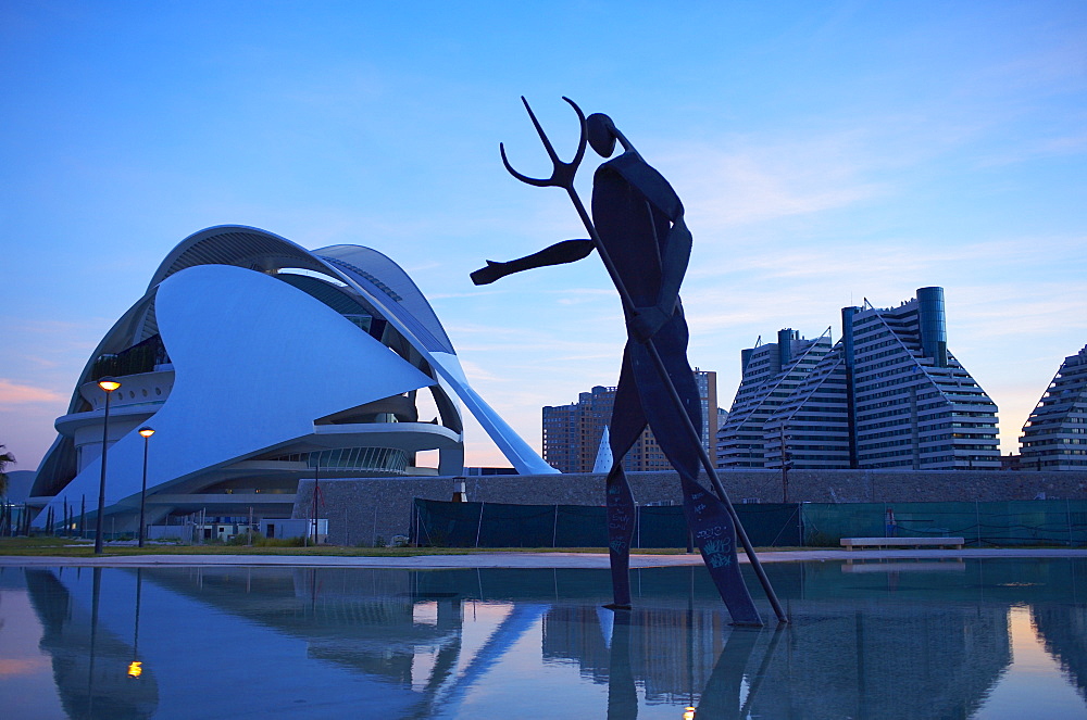 Sculpture and Palau de les Arts in the background at dusk, City of Arts and Sciences, Valencia, Spain, Europe