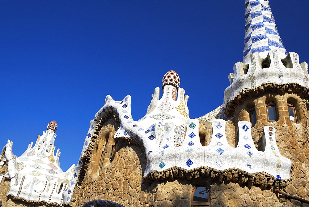 Bizarre Gaudi's mosaics roof, Guell Park (Parc Guell), Barcelona, Catalonia (Cataluna), Spain, Europe