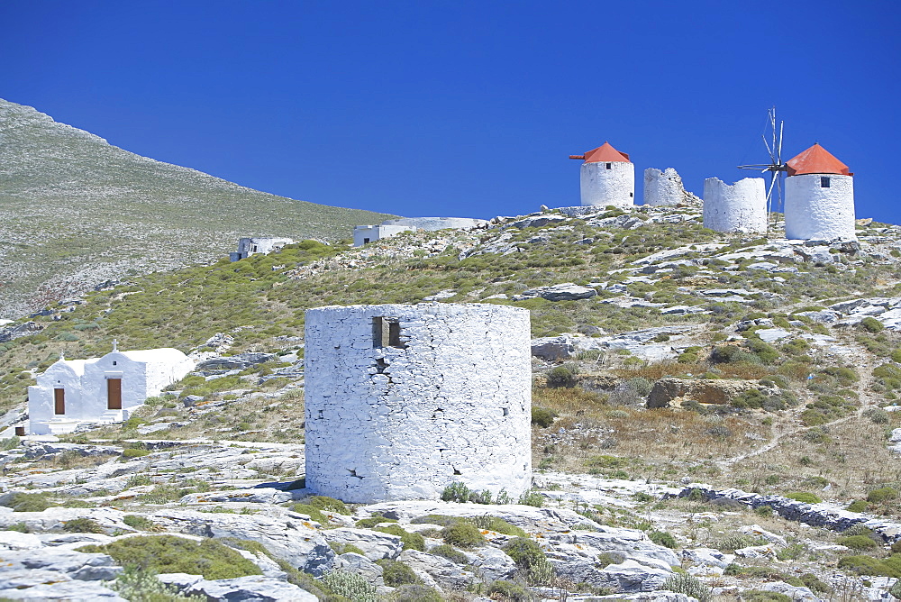 Traditional windmills, Hora, Amorgos, Cyclades Islands, Greek Islands, Greece, Europe