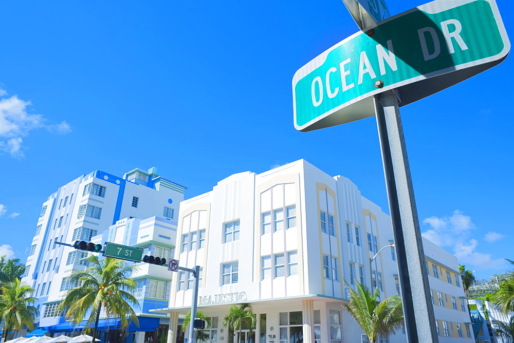 Buildings and street sign on Ocean Drive, Art Deco District, South Beach, Miami, Florida, United States of America, North America