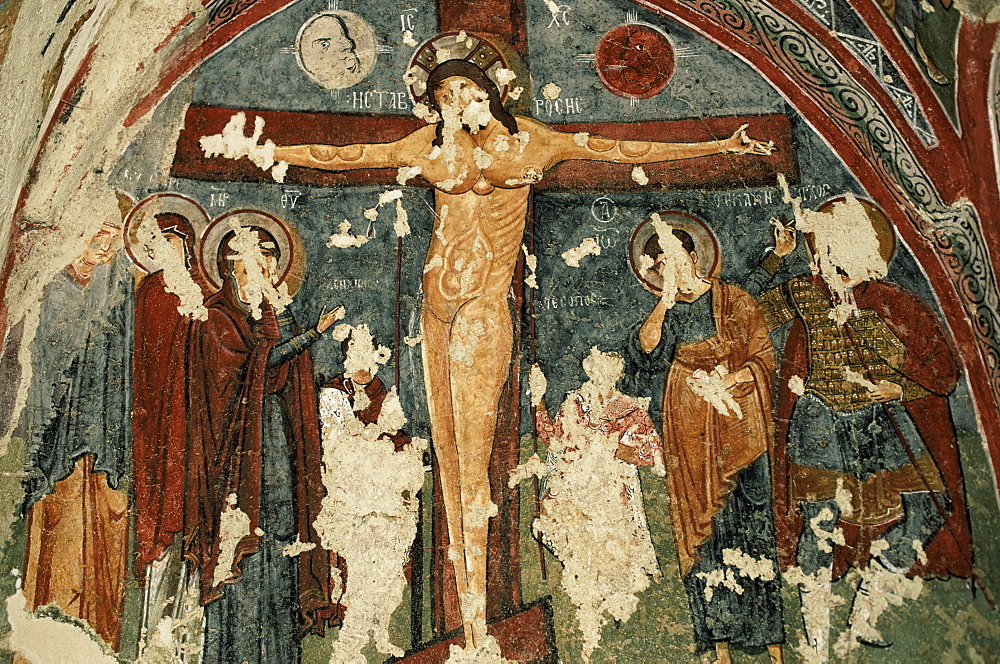 Crucifixion, Christian frescoes in Sandal Church, Goreme Open Air Museum, Goreme, Cappadocia, Anatolia, Turkey, Asia Minor, Eurasia