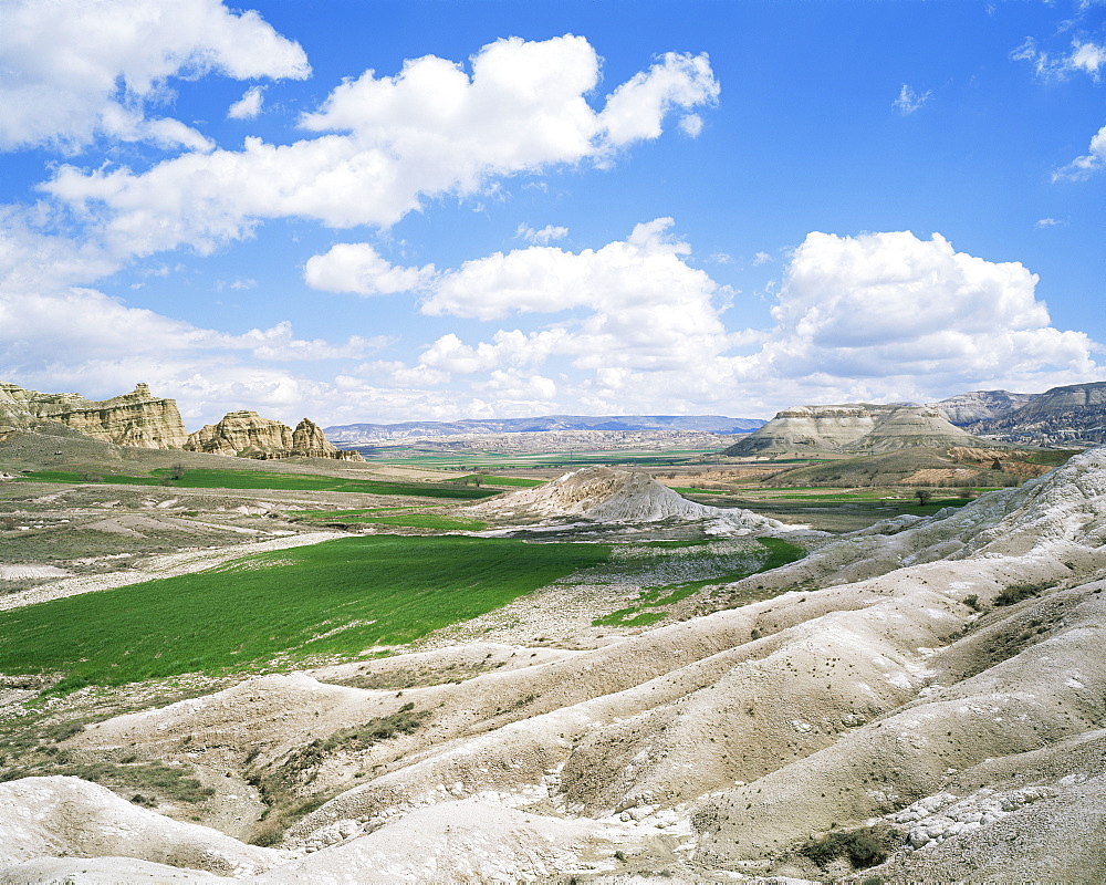 Fields in a rocky landscape, near Avanos, Cappadocia, Anatolia, Turkey, Eurasia