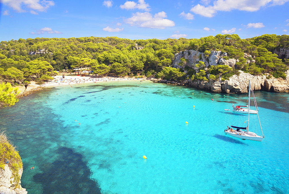 View of Cala Macarella and sailboats, Menorca, Balearic Islands, Spain, Mediterranean, Europe