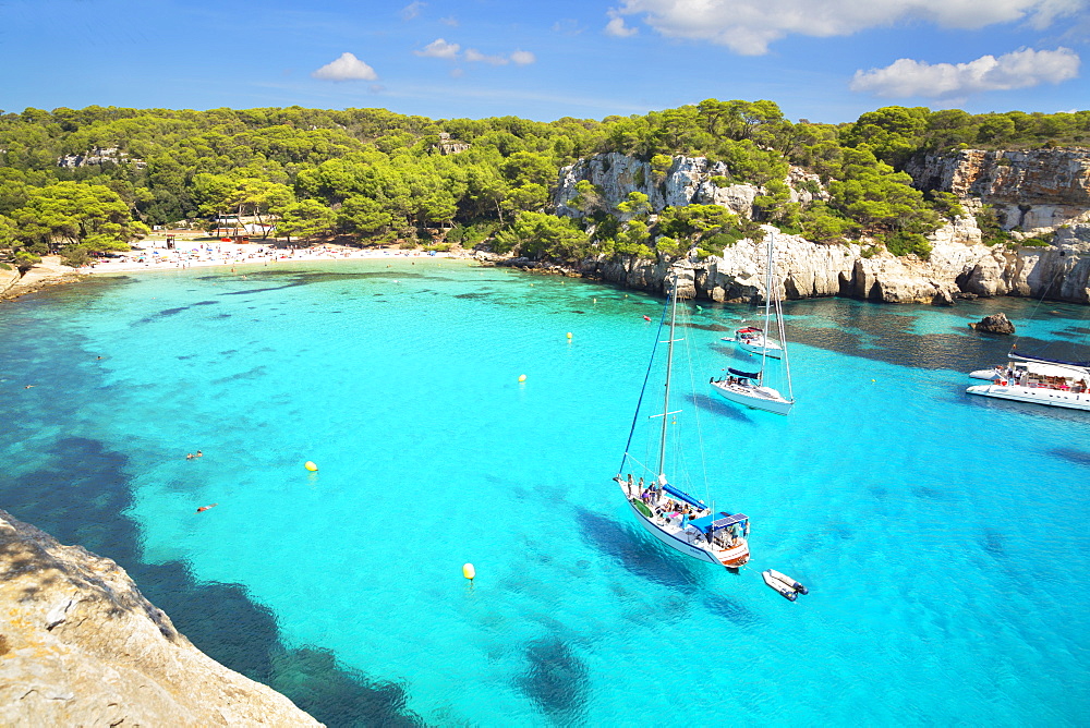 View of Cala Macarella and sailboats, Menorca, Balearic Islands, Spain, Mediterranean, Europe