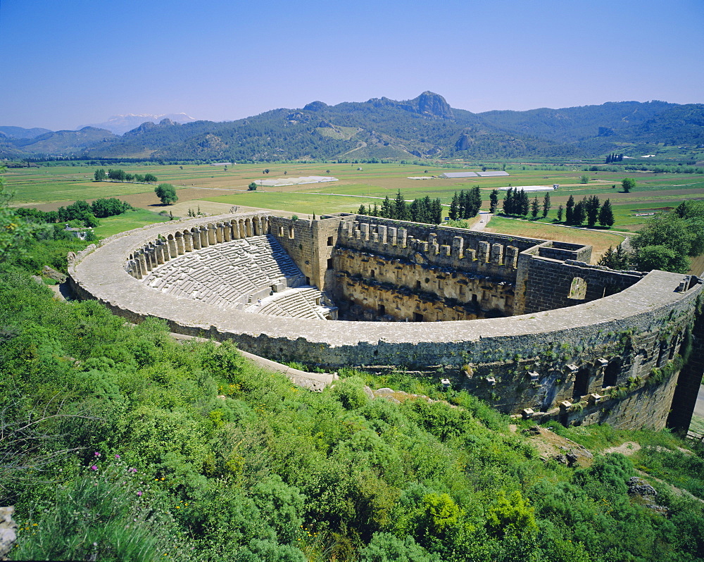 View of Roman Amphitheatre of Aspendos, ancient ruins, Aspendos, Turkey, Europe