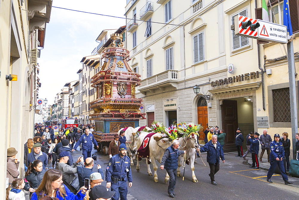 An ornate Ox cart for the Explosion of the Cart festival (Scoppio del Carro) where on Easter Sunday a cart of pyrotechnics is lit, Florence, Tuscany, Italy, Europe