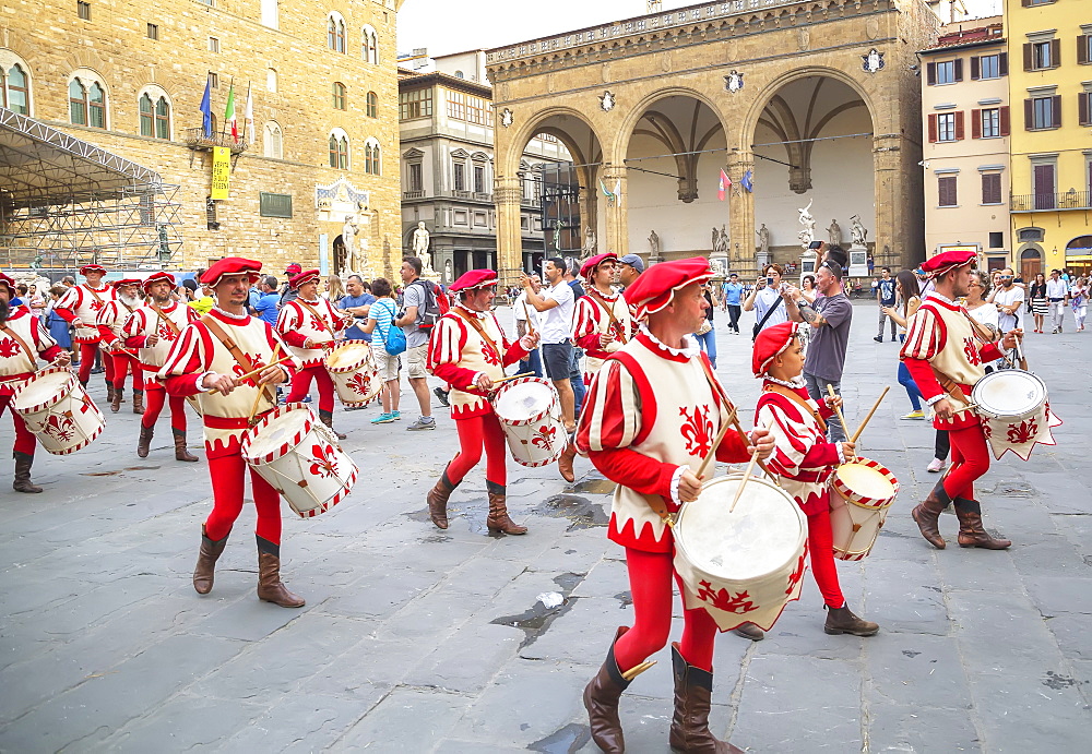 Drummers in Calcio Storico Fiorentino festival at Piazza della Signoria, Florence, Italy, Europe