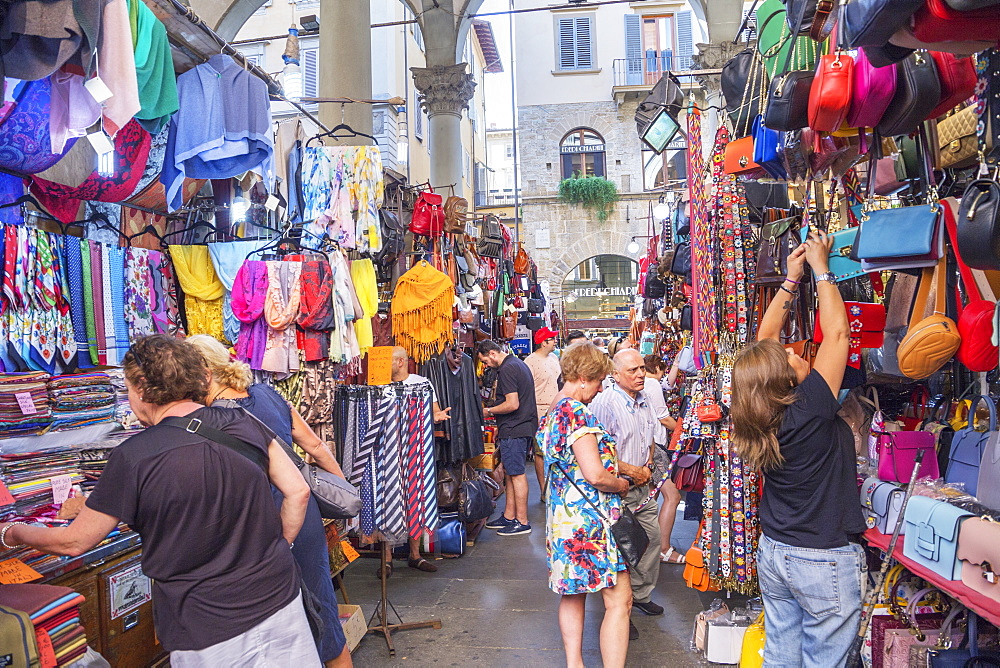 Customers shopping at Mercato Nuovo in Florence, Tuscany, Italy, Europe