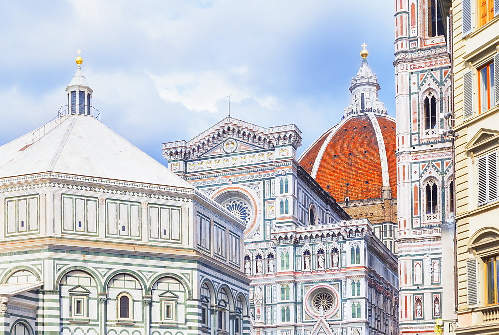 View of Unesco's Duomo Santa Maria del Fiore, Giotto's Campanile and Brunelleschi's dome, Florence, Tuscany, Italy, Europe