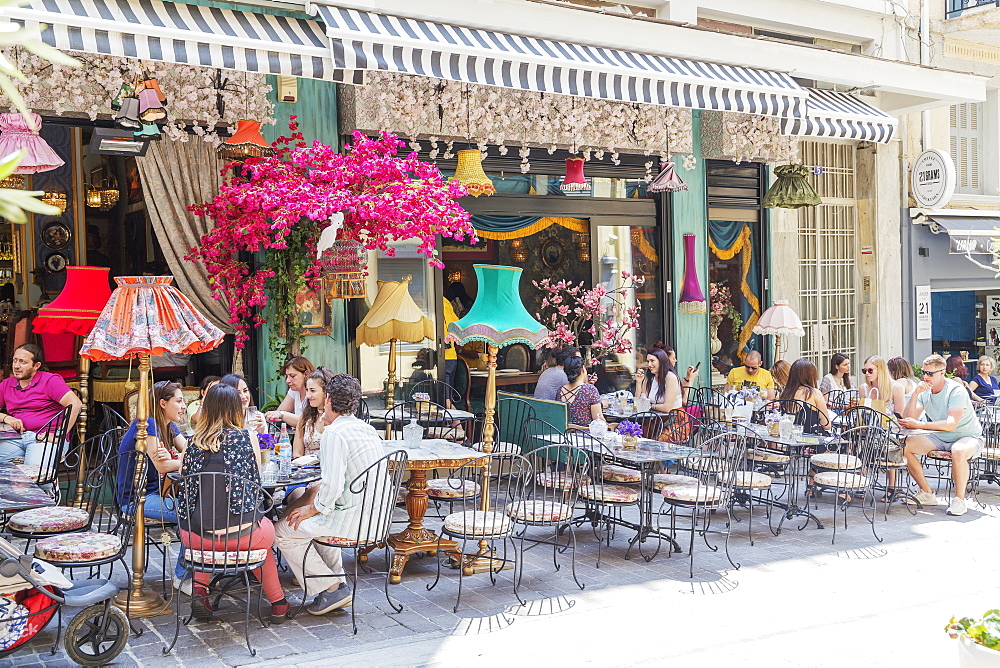 Bar and cafe terraces in Plaka district, Athens, Greece, Europe