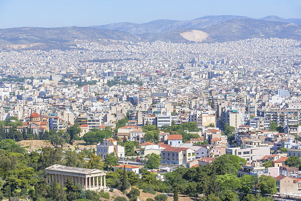 Elevated view of Temple of Hephaestus and the city of Athens, Athens, Greece, Europe