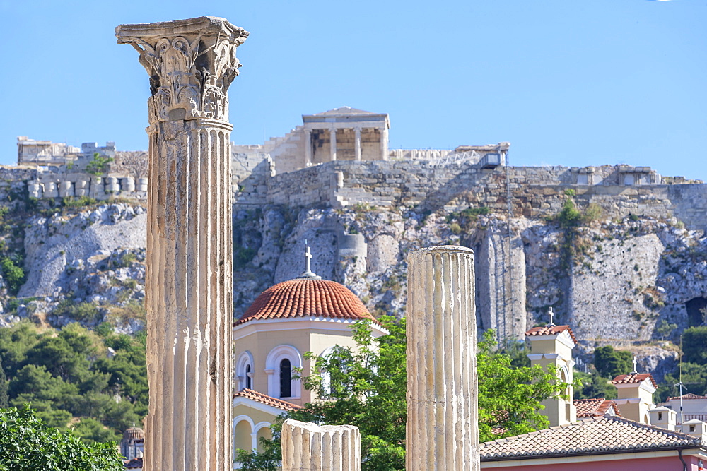 Acropolis including Library of Hadrian columns, Athens, Greece, Europe