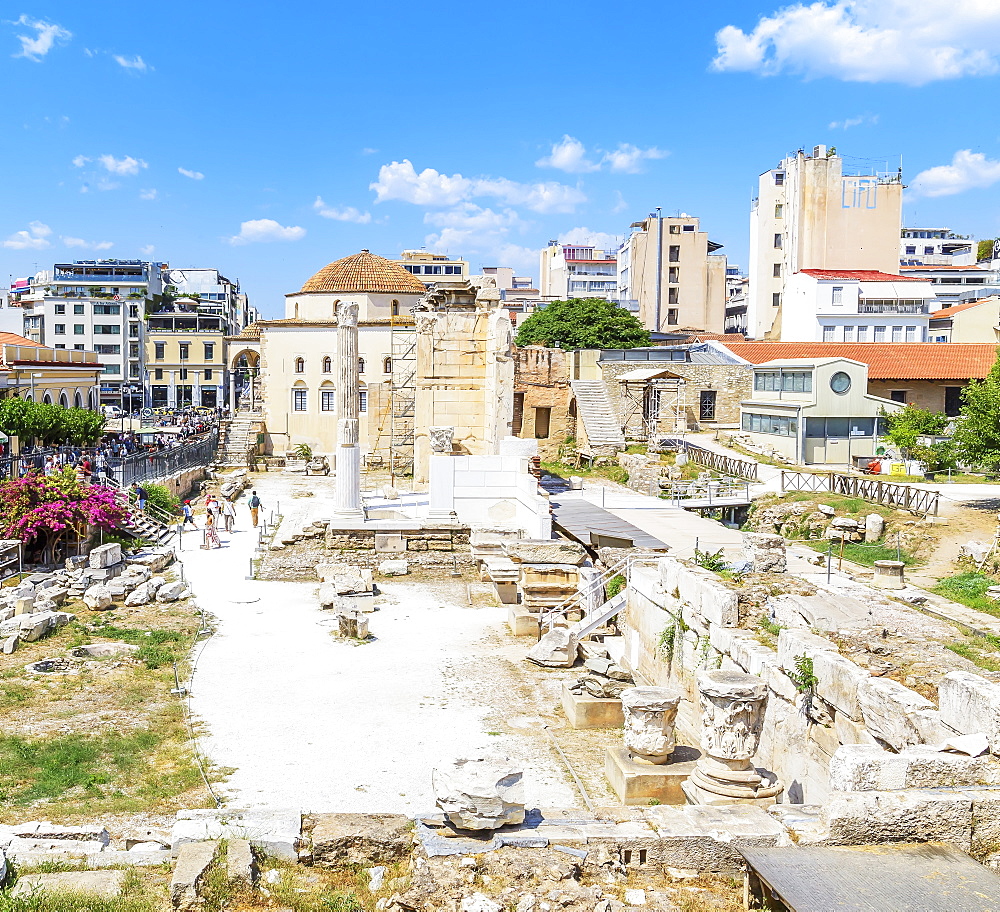 Remains of the Hadrian's Library and the old mosque in Monastiraki square, Athens, Greece, Europe