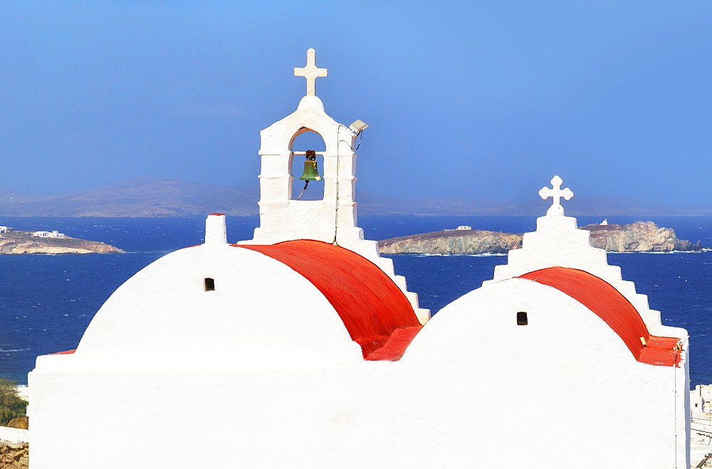 Greek Orthodox chapel overlooking Mykonos Town, Mykonos, Cyclades Islands, Greek Islands, Greece, Europe