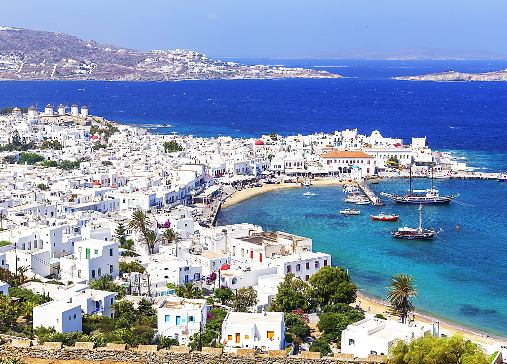 Mykonos Town and old harbour, elevated view, Mykonos, Cyclades Islands, Greek Islands, Greece, Europe