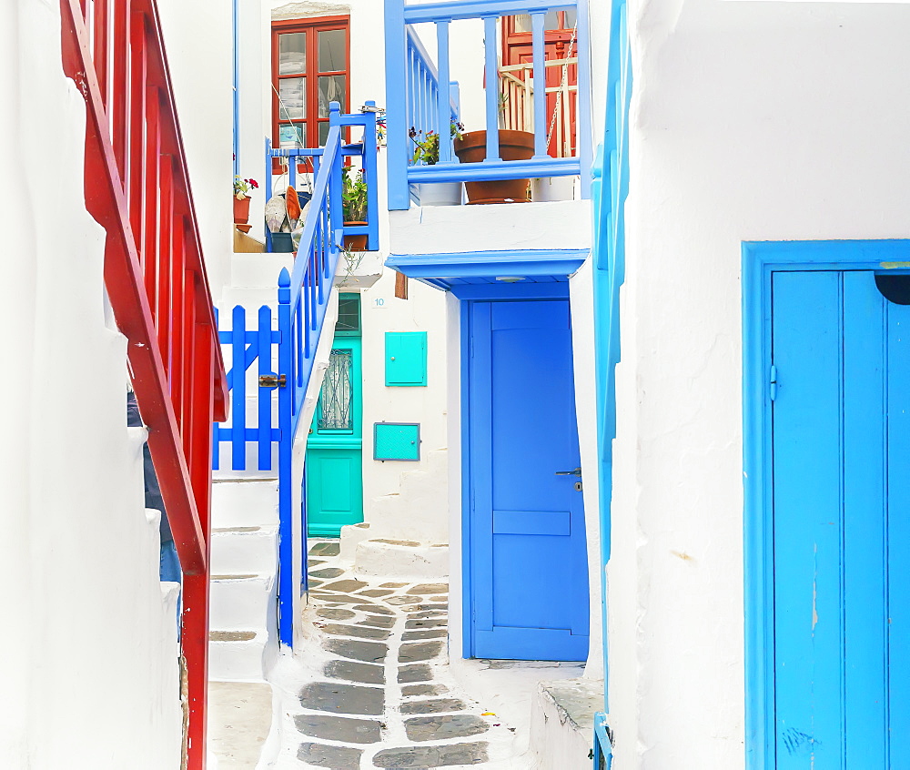 Characteristic colourful staircases, Mykonos Town, Mykonos, Cyclades Islands, Greek Islands, Greece, Europe