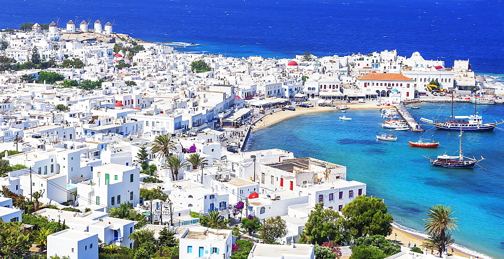 Mykonos Town and old harbour, elevated view, Mykonos, Cyclades Islands, Greek Islands, Greece, Europe