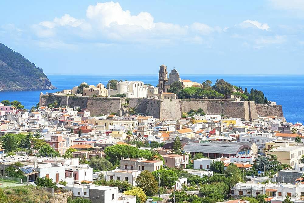 Lipari Town, elevated view, Lipari Island, Aeolian Islands, UNESCO World Heritage Site, Sicily, Italy, Mediterranean, Europe