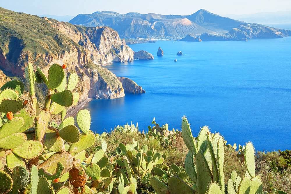 View of Lipari and Vulcano island from Belvedere Quattrocchi, Lipari Island, Aeolian Islands, UNESCO World Heritage Site, Sicily, Italy, Mediterranean, Europe