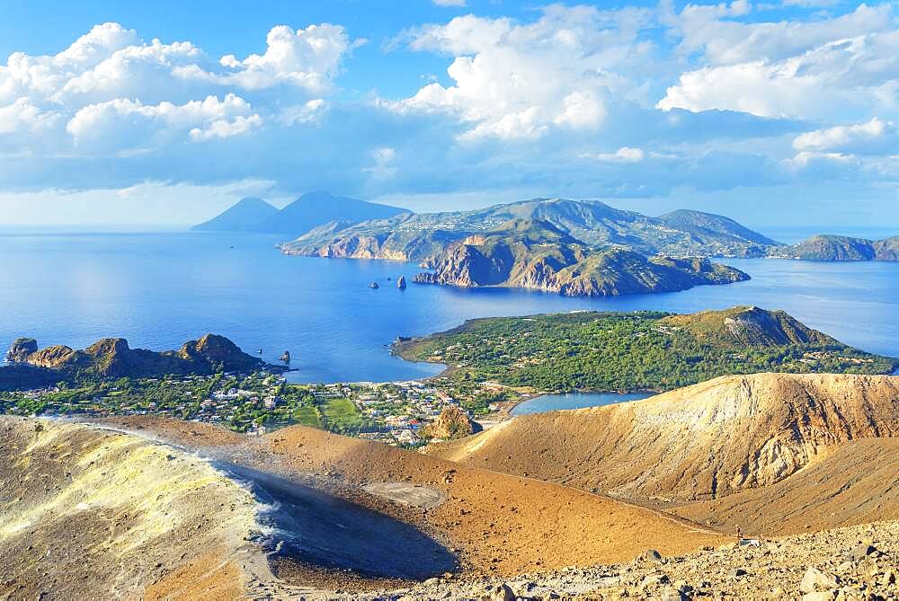 View of Aeolian Islands archipelago from Gran Cratere, Vulcano Island, Aeolian Islands, UNESCO World Heritage Site, Sicily, Italy, Mediterranean, Europe