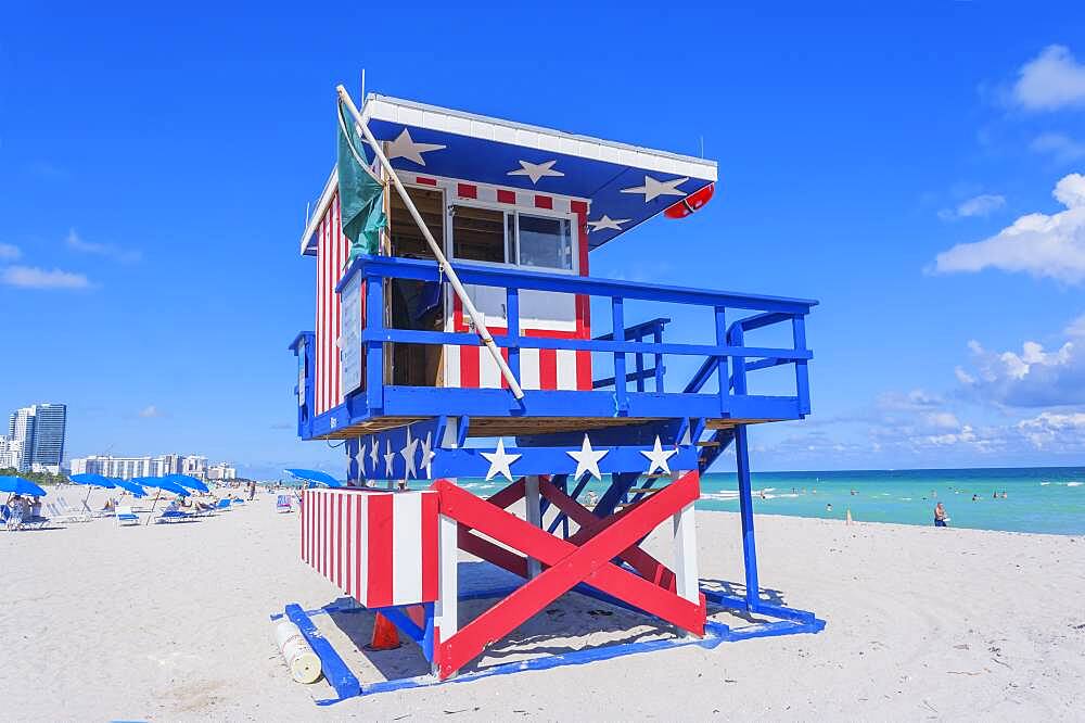 Art Deco Lifeguard hut on South Beach, Ocean Drive, Miami Beach, Miami, Florida, United States of America, North America