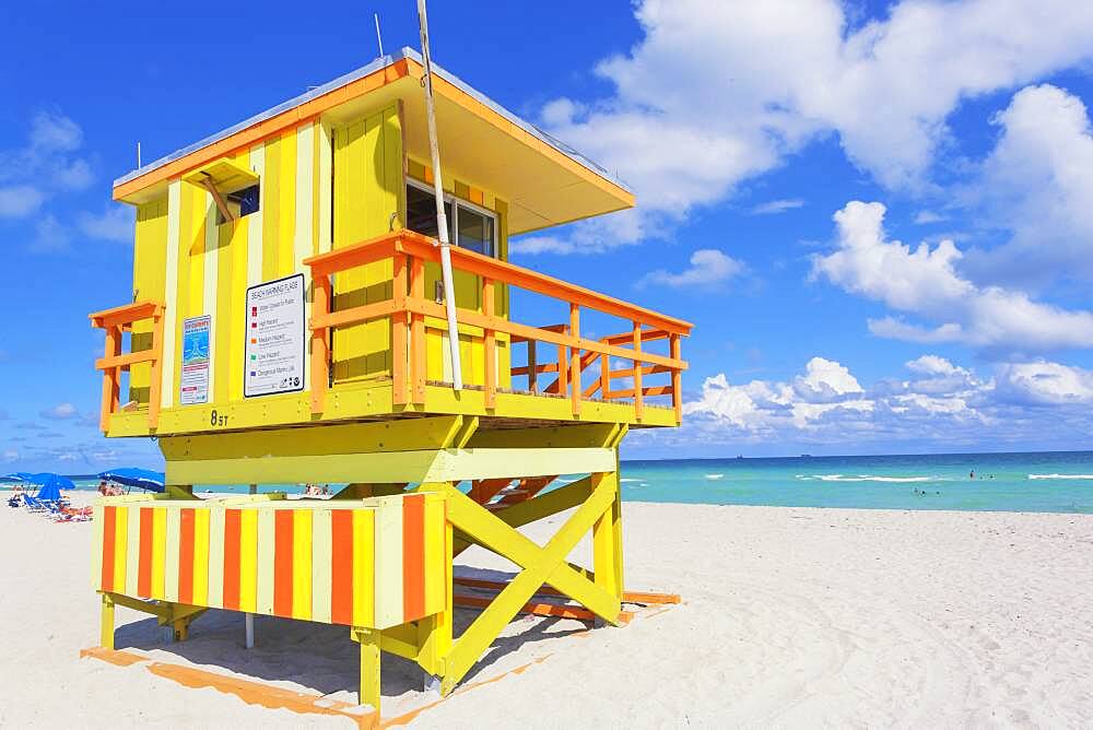 Art Deco Lifeguard hut on South Beach, Ocean Drive, Miami Beach, Miami, Florida, United States of America, North America