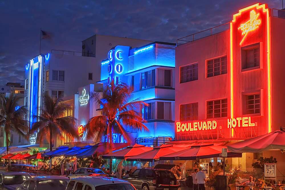 Ocean Drive by night, South Beach, Miami, Florida, United States of America, North America