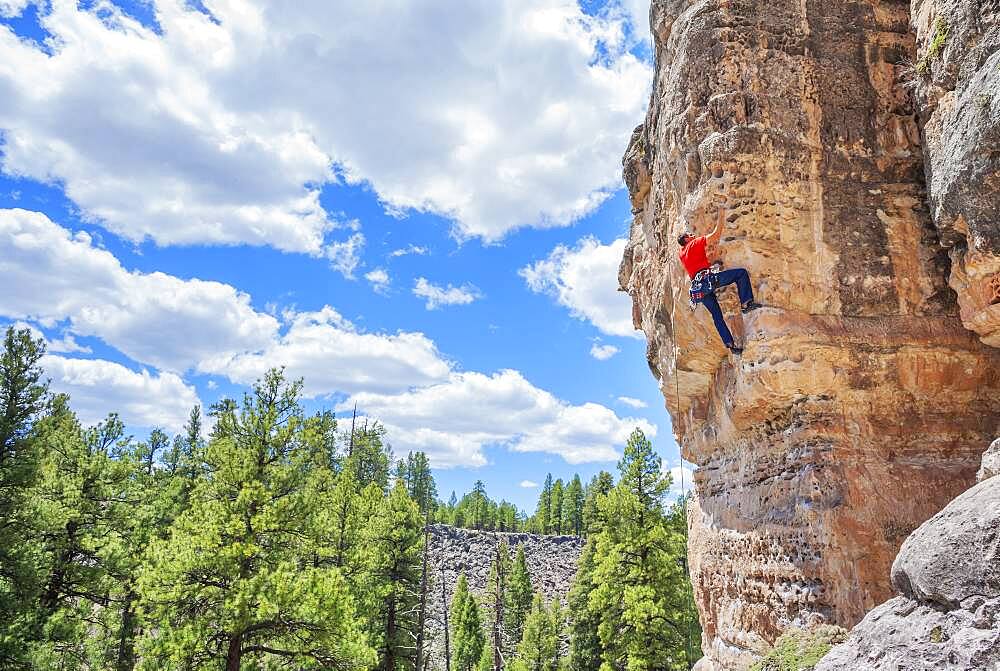 Man rock climbing at The Pit (Le Petit Verdon) in Sandy's Canyon, Flagstaff, Arizona, United States of America, North America