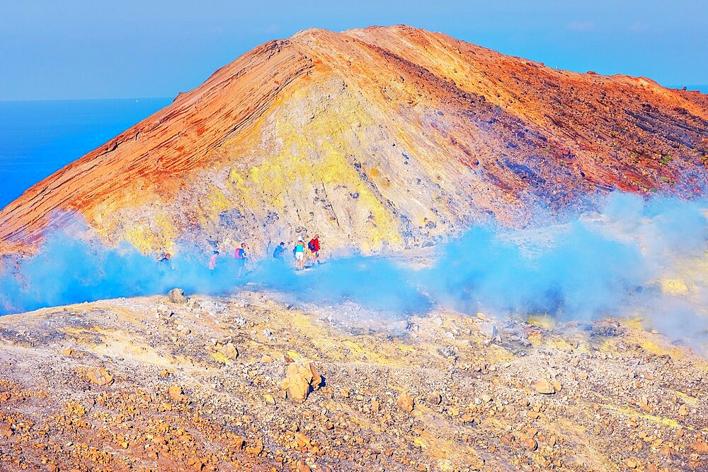 People walking on Gran Cratere rim, Vulcano Island, Aeolian Islands, UNESCO World Heritage Site, Sicily, Italy, Mediterranean, Europe