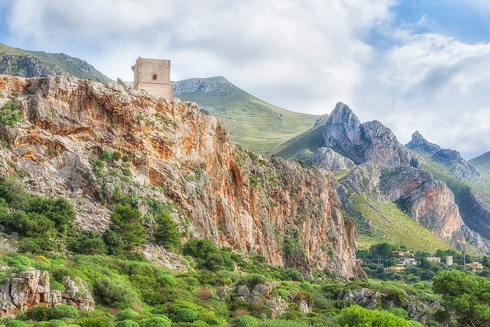 Defensive tower and mountain landscape, Macari, San Vito lo Capo, Sicily, Italy, Mediterranean, Europe