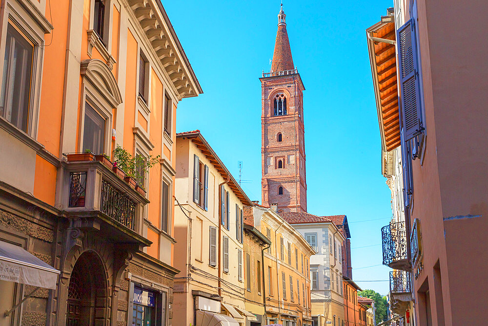 Old town street leading to Santa Maria del Carmine church, Pavia, Lombardy, Italy