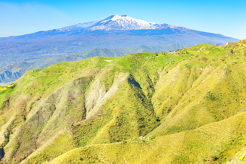 View of Mount Etna from Castelmola village, Castelmola, Taormina, Sicily, Italy, Mediterranean, Europe