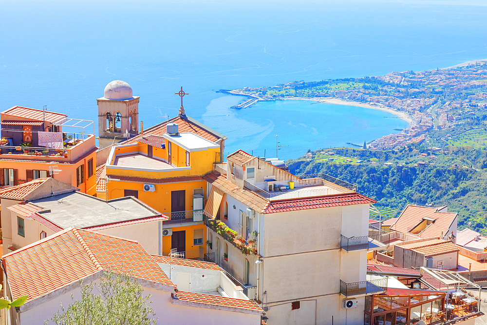 View of Castelmola village and the Ionian coast, Castelmola, Taormina, Sicily, Italy, Mediterranean, Europe