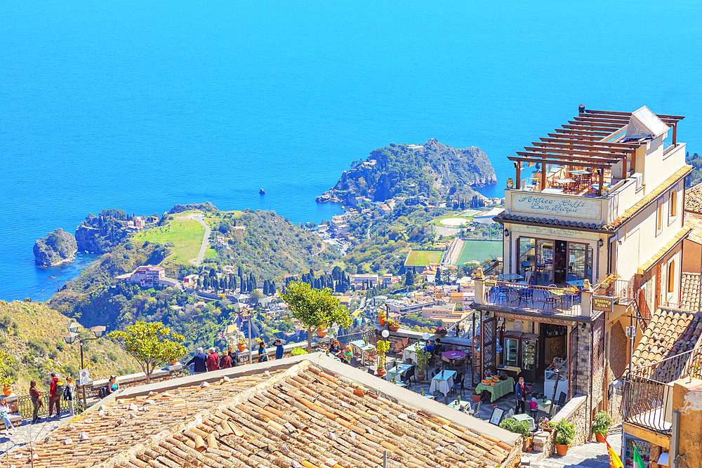 Taormina and the Ionian coast view from Castelmola main square, Castelmola, Taormina, Sicily, Italy, Mediterranean, Europe