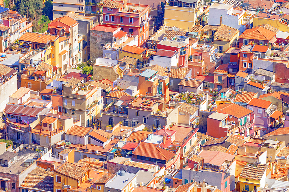 Rooftops of Taormina town, top view, Taormina, Sicily, Italy, Mediterranean, Europe