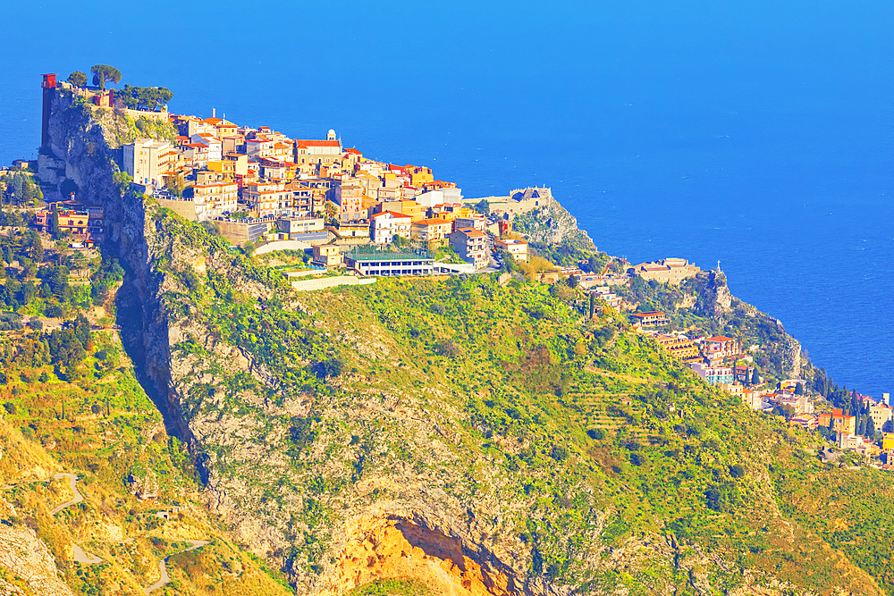 Castelmola village, high angle view, Castelmola, Taormina, Sicily, Italy, Mediterranean, Europe