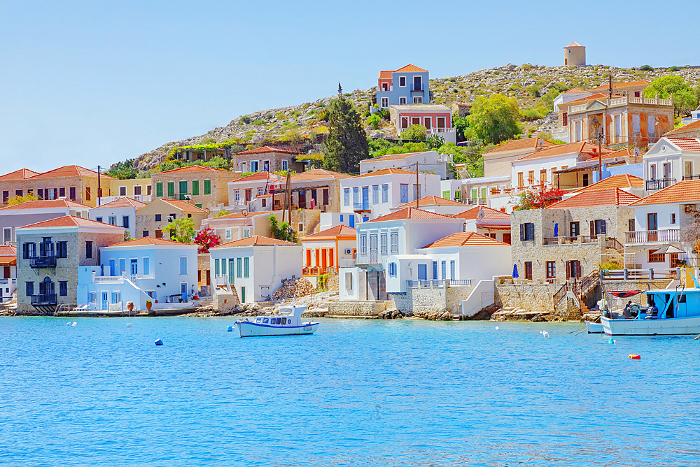 View of Emporio harbour, Halki Island, Dodecanese Islands, Greek Islands, Greece, Europe