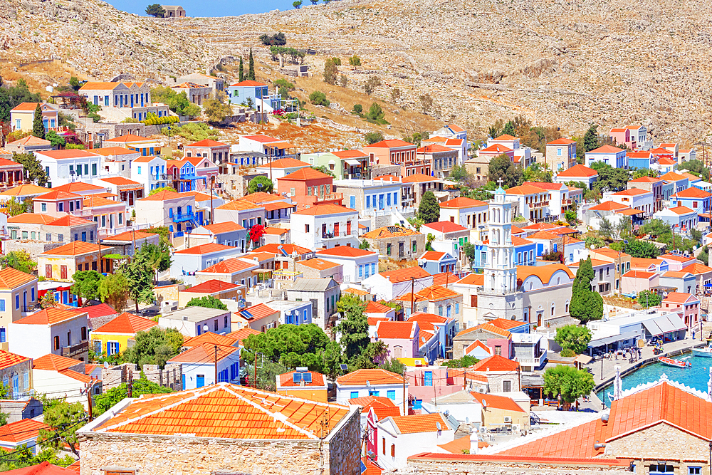 Emporio town, elevated view, Halki Island, Dodecanese Islands, Greek Islands, Greece, Europe