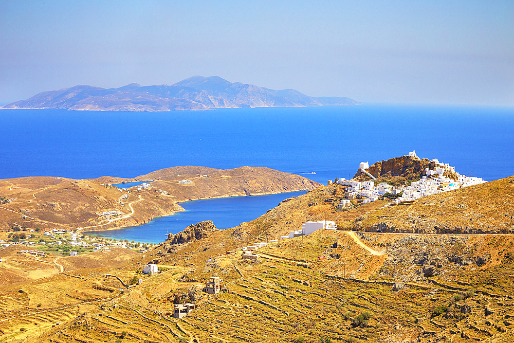 View of Chora village and Livadi bay in the distance, Chora, Serifos Island, Cyclades, Greek Islands, Greece, Europe