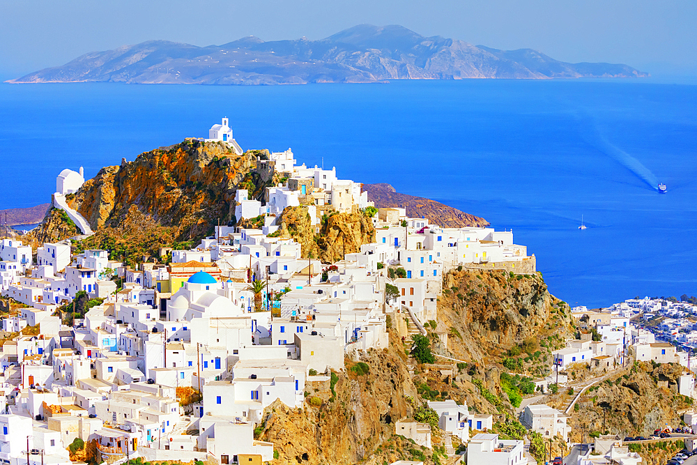 View of Chora village and Sifnos island in the distance, Chora, Serifos Island, Cyclades, Greek Islands, Greece, Europe