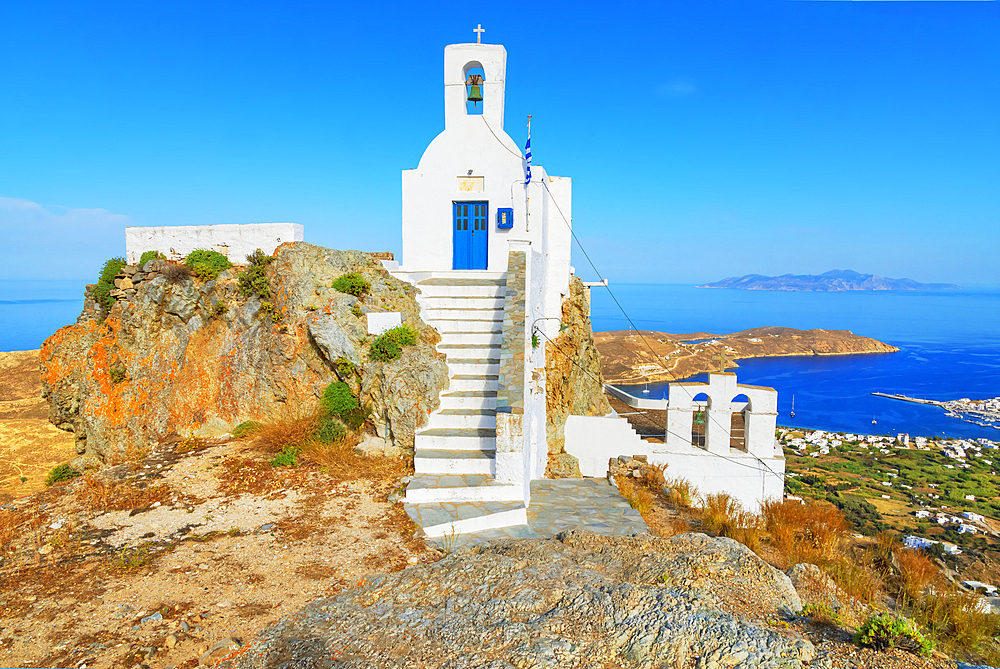 View of Agios Konstantinos church and Livadi bay in the distance, Chora, Serifos Island, Cyclades, Greek Islands, Greece, Europe