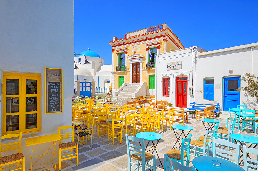 Chora central square with cafe tables and chairs,  Chora, Serifos Island, Cyclades, Greek Islands, Greece, Europe