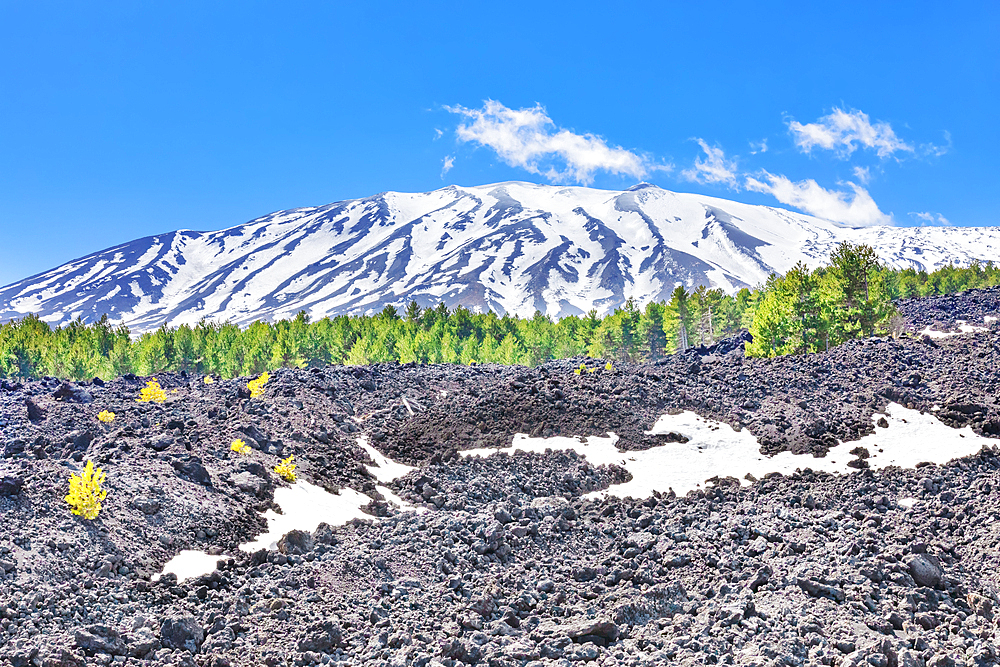 View of lava fields and snow-capped peaks in the distance, Etna, Sicily, Italy, Mediterranean, Europe