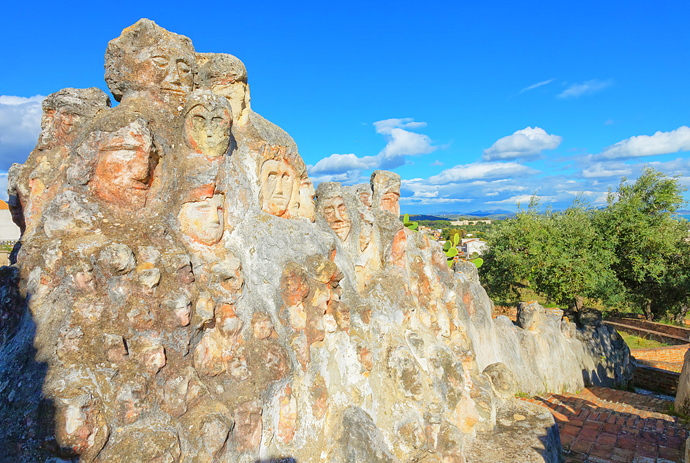 Heads carved into rocks at Enchanted Castle, Sciacca, Agrigento district, Sicily, Italy, Mediterranean, Europe