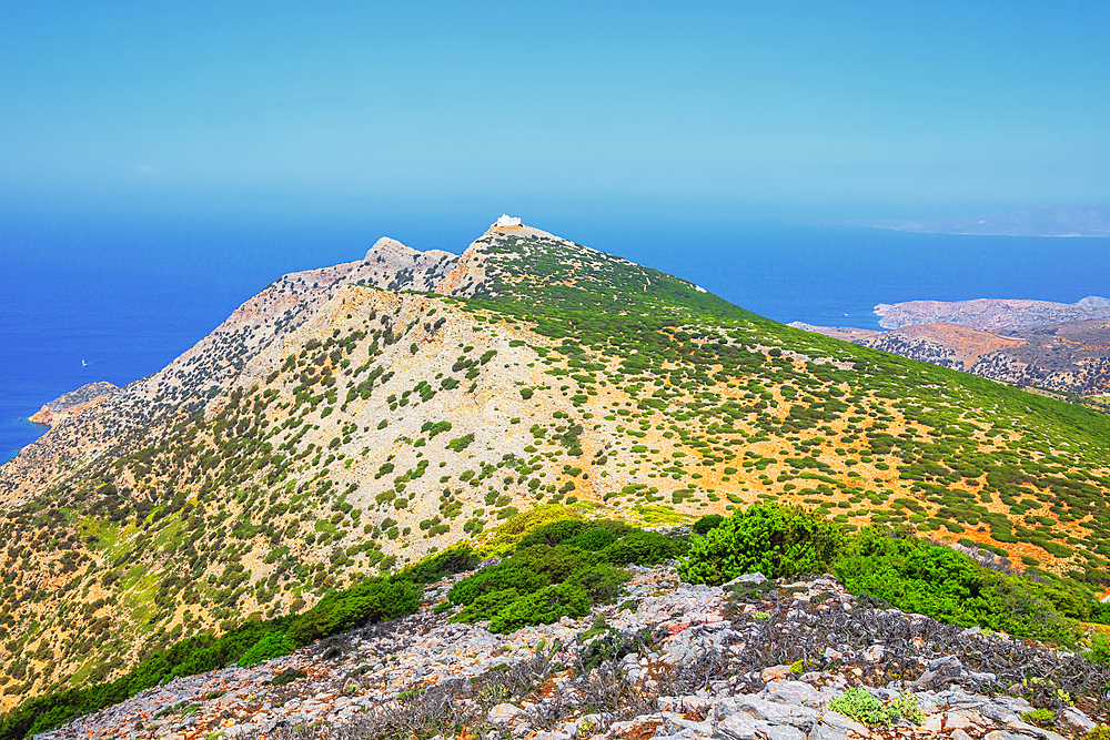 View of Prophet Elias Monastery perched on the top of Sifnos Island northern coast, Sifnos Island, Cyclades, Greek Islands, Greece, Europe