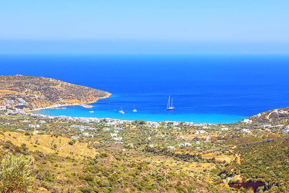 Platis Gialos beach, high angle view, Platis Gialos, Sifnos Island, Cyclades, Greek Islands, Greece, Europe