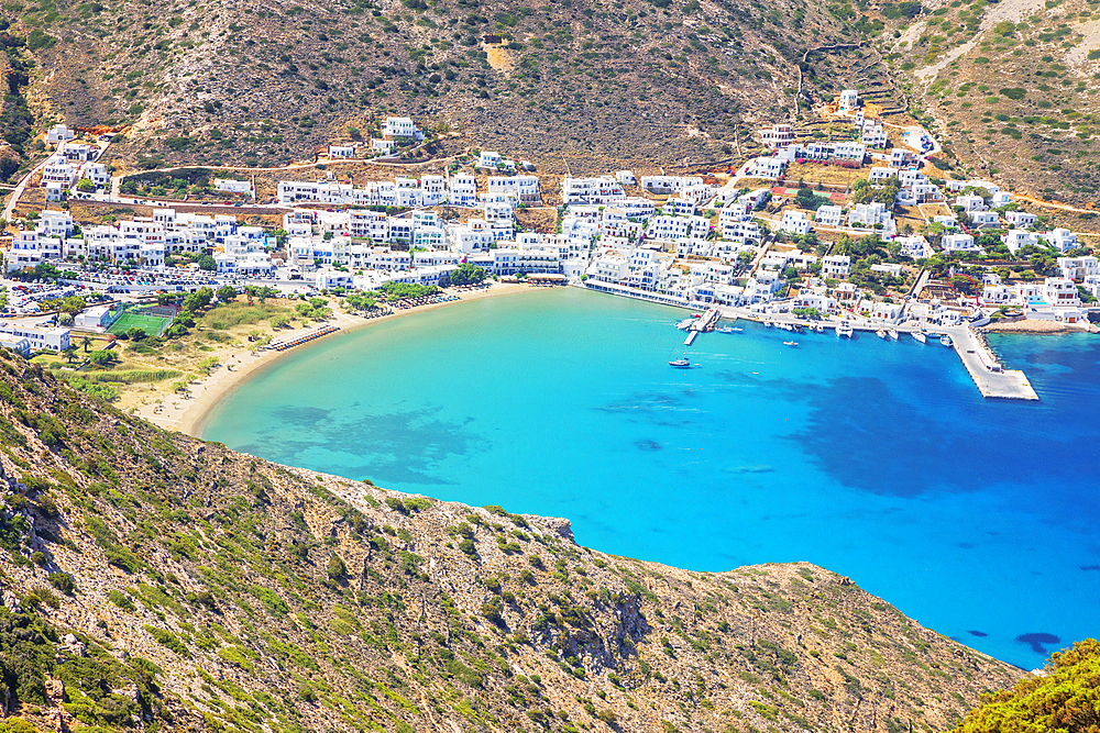 Kamares port, high angle view, Kamares, Sifnos Island, Cyclades, Greek Islands, Greece, Europe