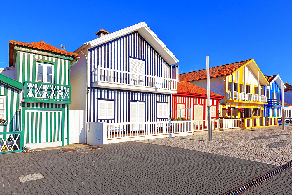 Traditional wooden striped houses, Costa Nova do Prado, Aveiro, Portugal