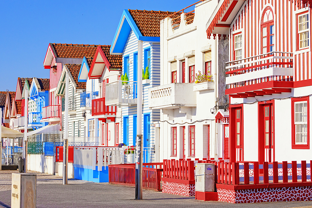 Brightly painted beach homes, Costa Nova do Prado, Aveiro, Portugal